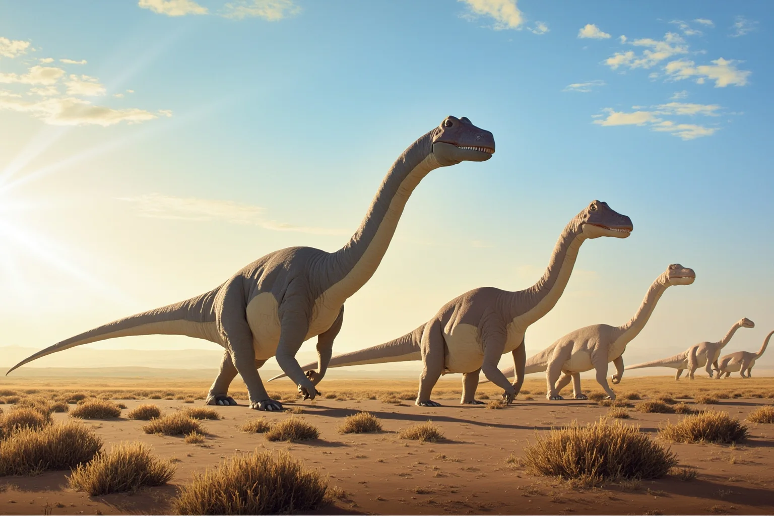 A herd of giant Patagotitan titanosaur dinosaurs walking across an open Cretaceous plain, realistic paleoart style