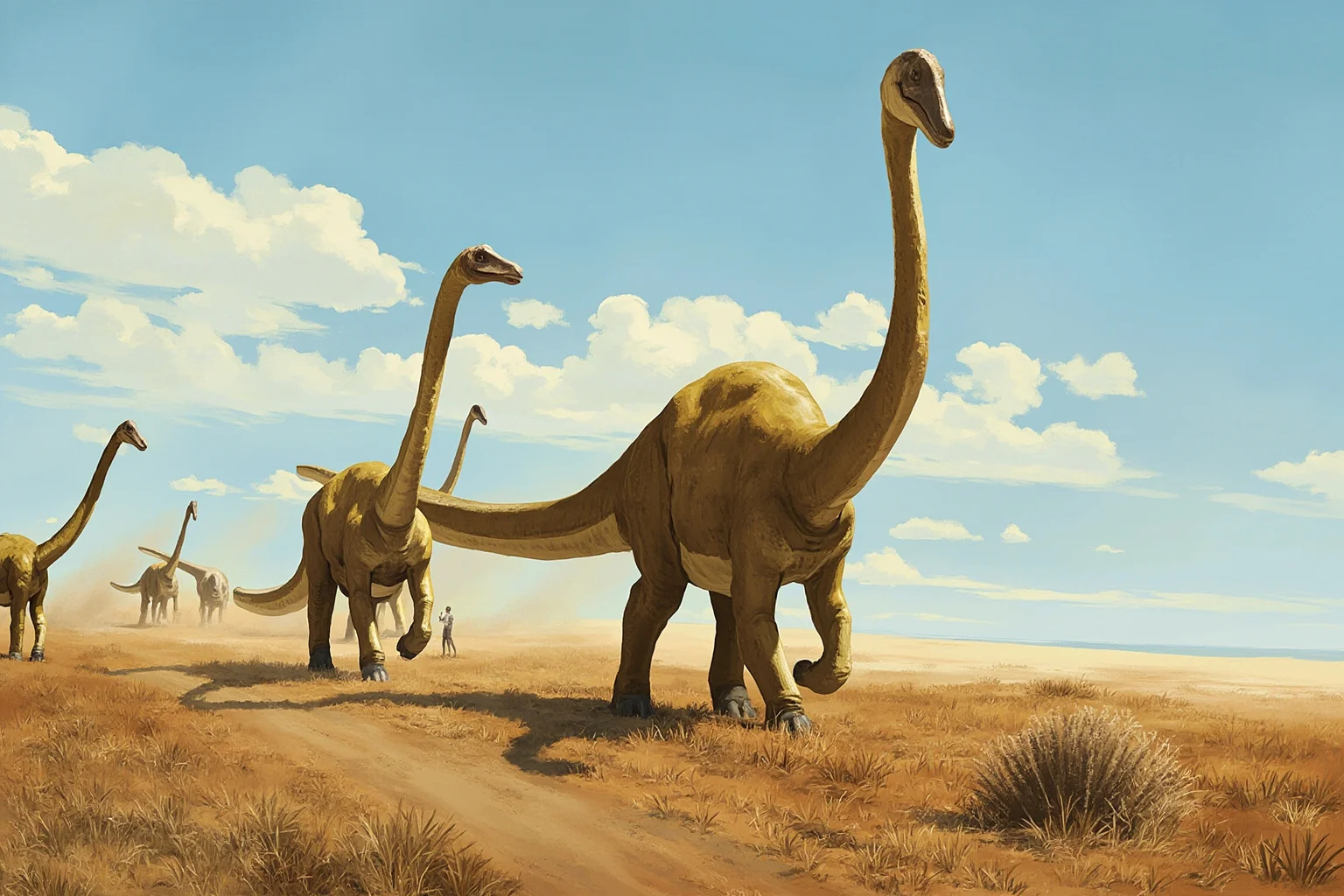 A herd of giant Patagotitan titanosaur dinosaurs walking across an open Cretaceous plain, realistic paleoart style