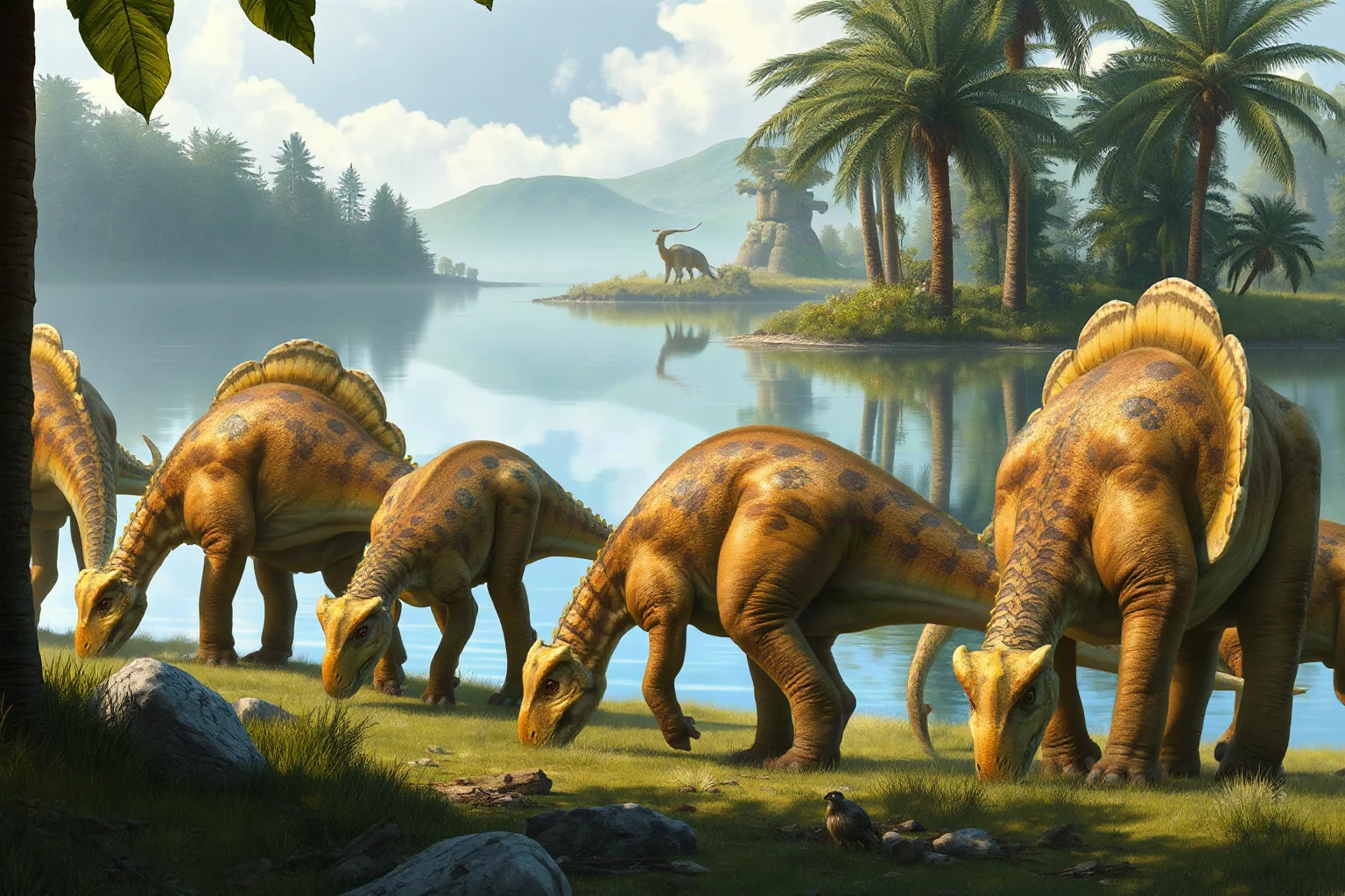 A herd of Parasaurolophus with curved crests grazing together near a lake, realistic paleoart style