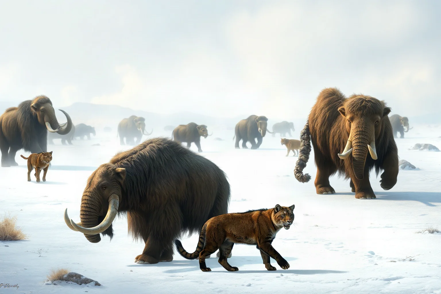 A herd of woolly mammoths and a saber-toothed cat walking across a snowy ice age plain