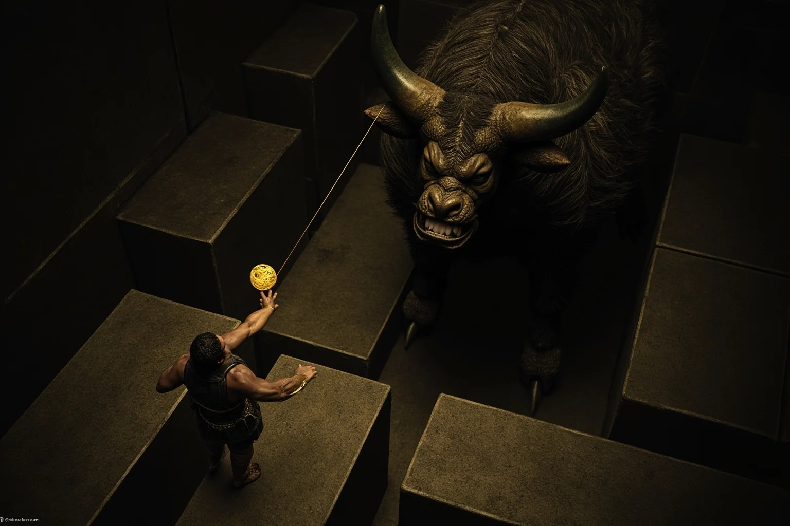 A hero holding a ball of golden thread, facing a massive half-man, half-bull creature in a dark labyrinth