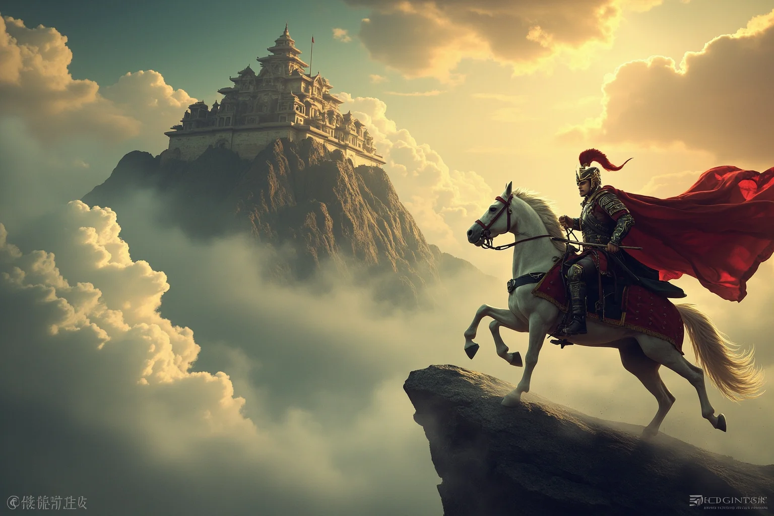 A heroic warrior on a winged horse attempting to fly toward a mountaintop palace in the clouds