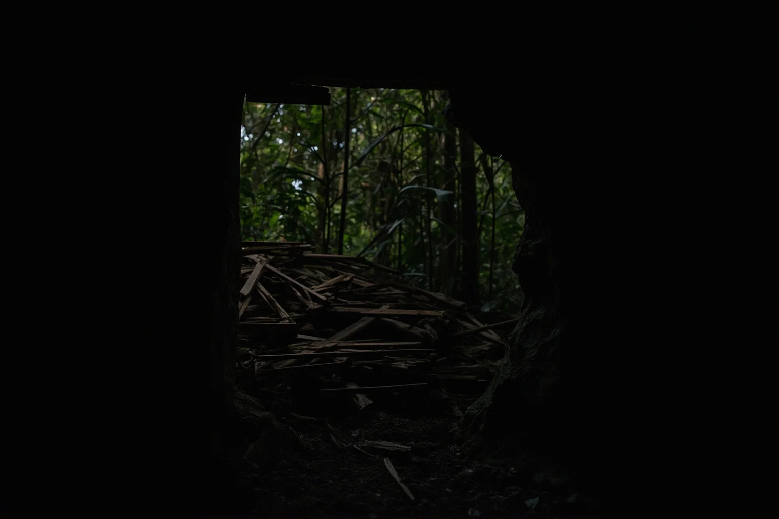 Missing Legendary Treasures That Are Yet to Be Found 6 A hidden jungle cave entrance in the Philippine mountains with old wooden crates faintly visible in the shadows