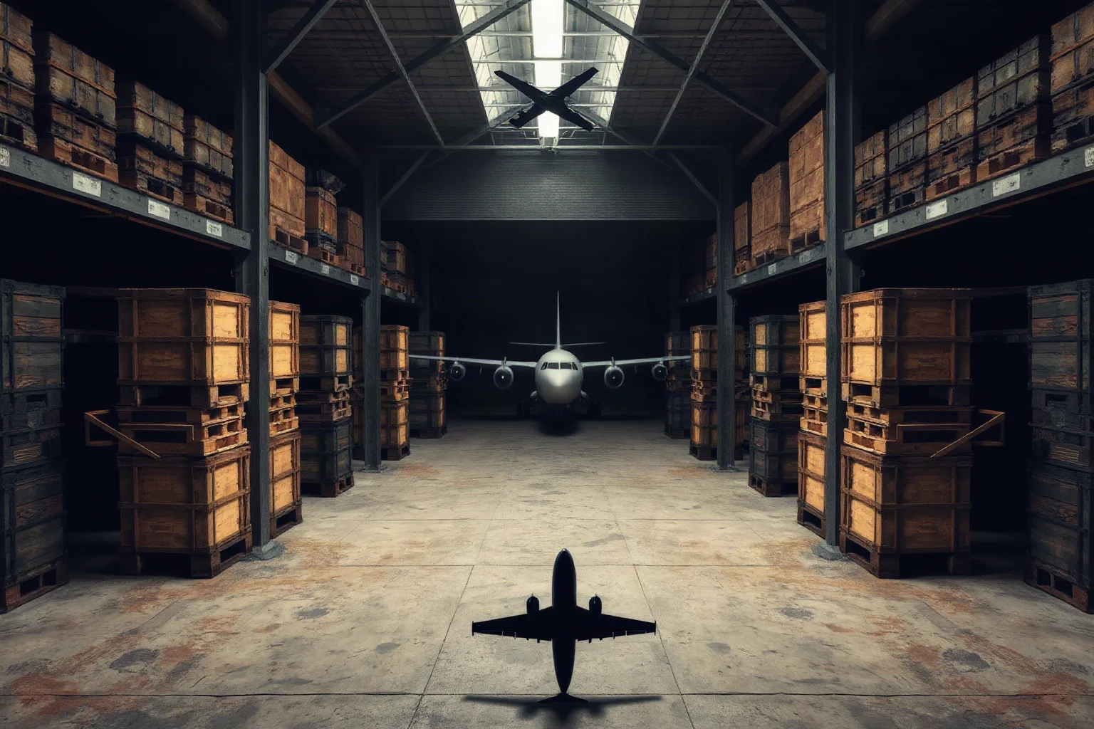 A hidden warehouse with wooden crates and small aircraft silhouettes, symbolizing a clandestine smuggling operation