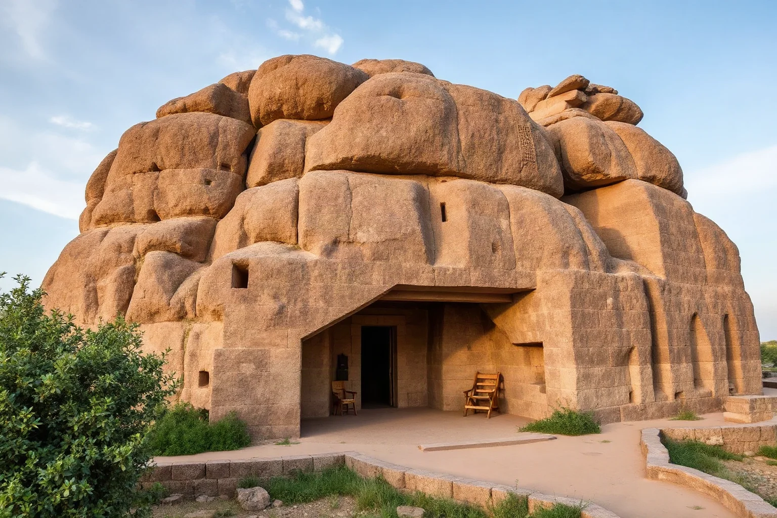 A highland African stone church carved into rock, evoking ancient Ethiopian architecture