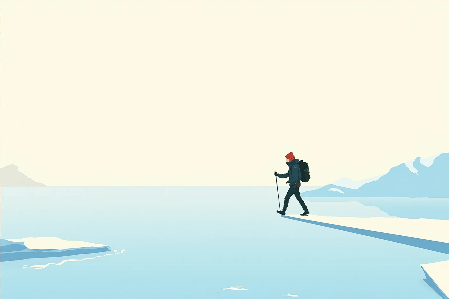 Longest Journeys Ever Undertaken On Foot 13 A hiker crossing a frozen strait on foot under a pale arctic sky, minimalist illustrative art style