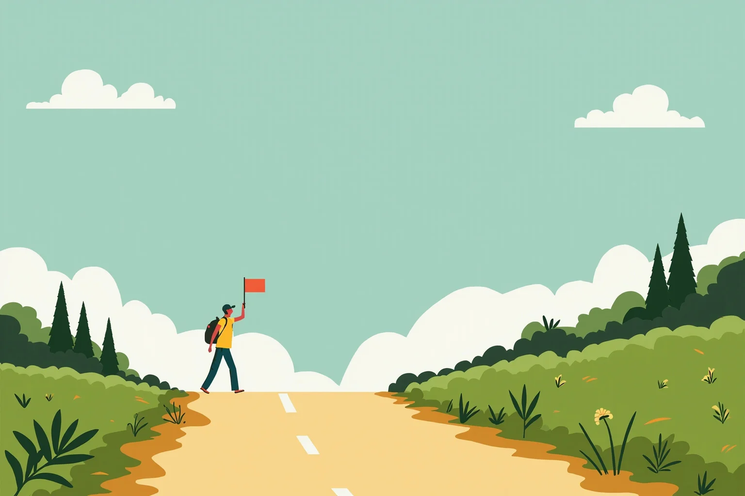 Longest Journeys Ever Undertaken On Foot 20 A hiker walking along a rural road carrying a small flag or sign, cheerful illustrative travel poster style