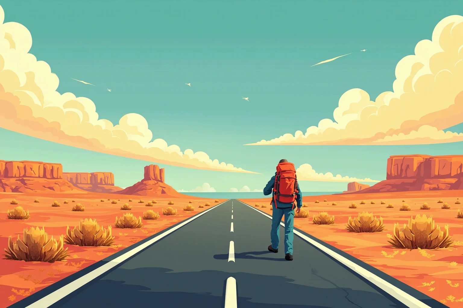 Longest Journeys Ever Undertaken On Foot 9 A hiker with a backpack walking along a long empty highway through varied continents shown in a single sweeping illustration