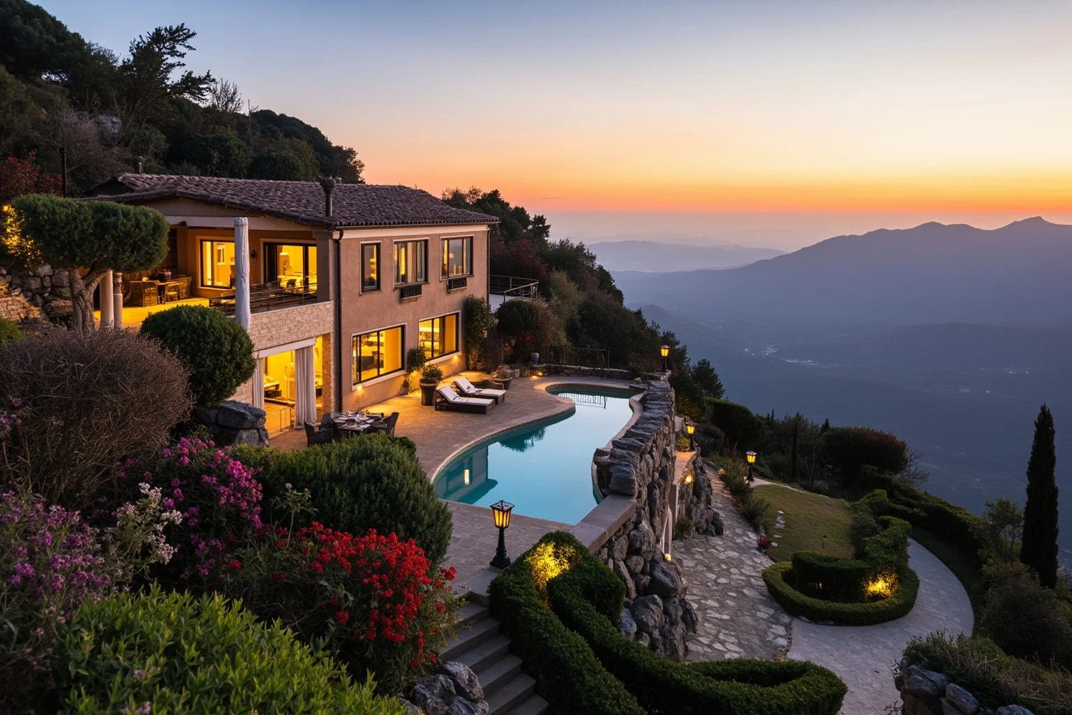 A hillside villa with open loggias and terraced gardens overlooking a valley at sunset