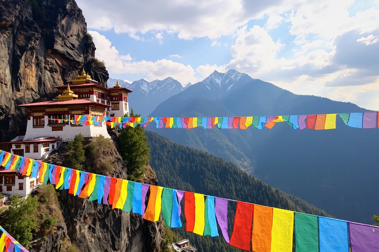 A Himalayan monastery-palace with prayer flags representing the Kingdom of Bhutan