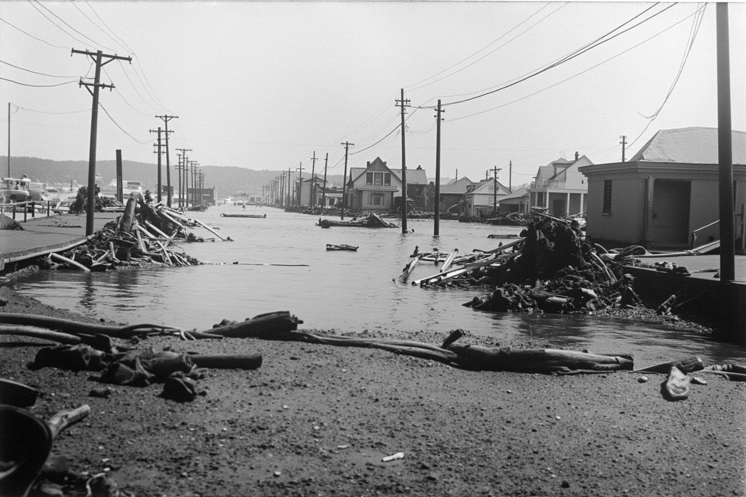 A historic American coastal town devastated by hurricane storm surge, early 1900s style