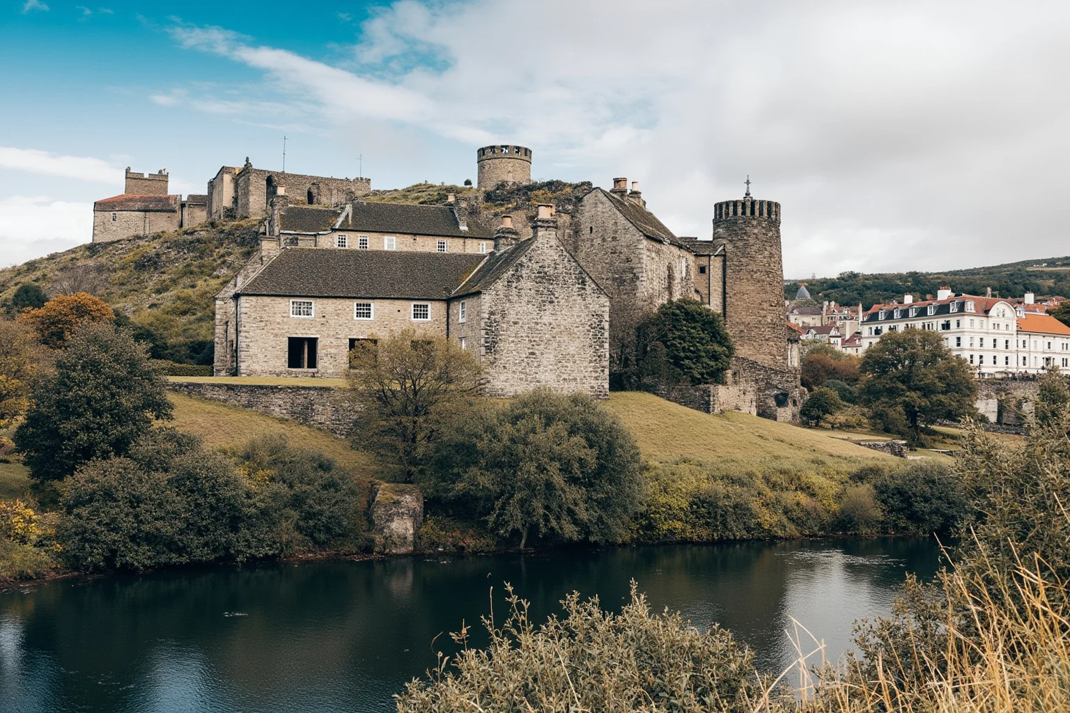 A historic military academy campus with stone buildings on a hill above a river