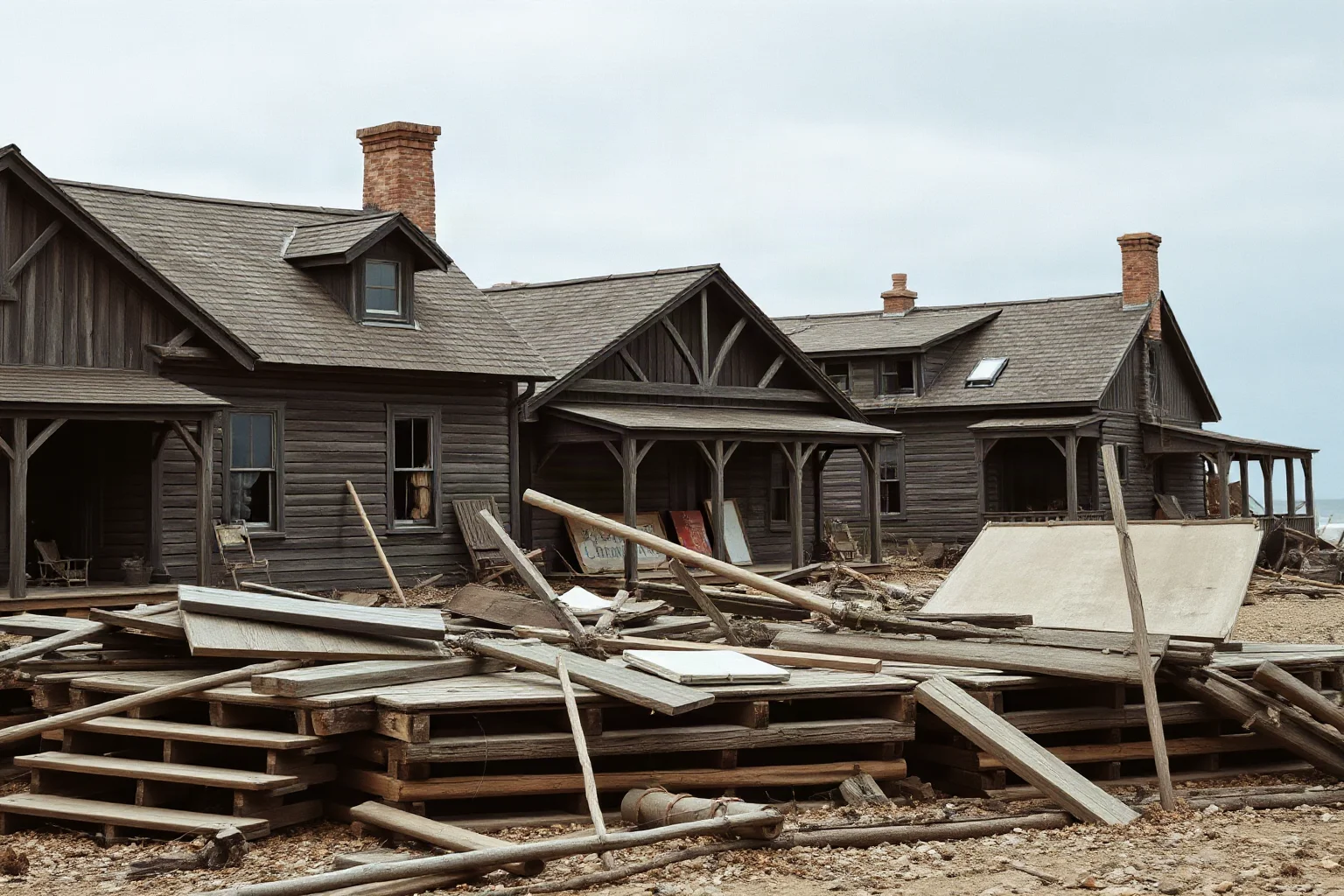A historic wooden coastal town devastated by hurricane winds and storm surge, vintage early 1900s aesthetic