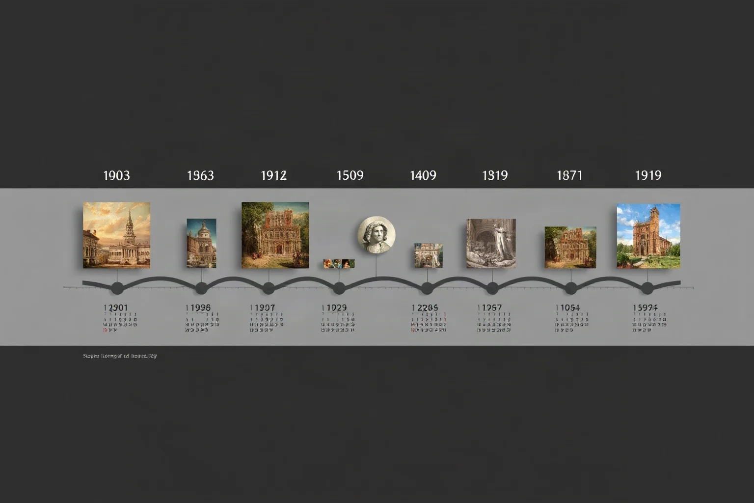 A historical calendar or timeline showing the years 1503-1519, with artistic imagery representing the passage of time during a masterwork's creation