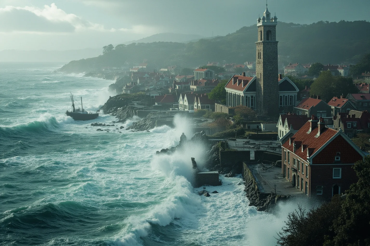 A historical coastal town being overwhelmed by a massive storm surge with ships tossed inland