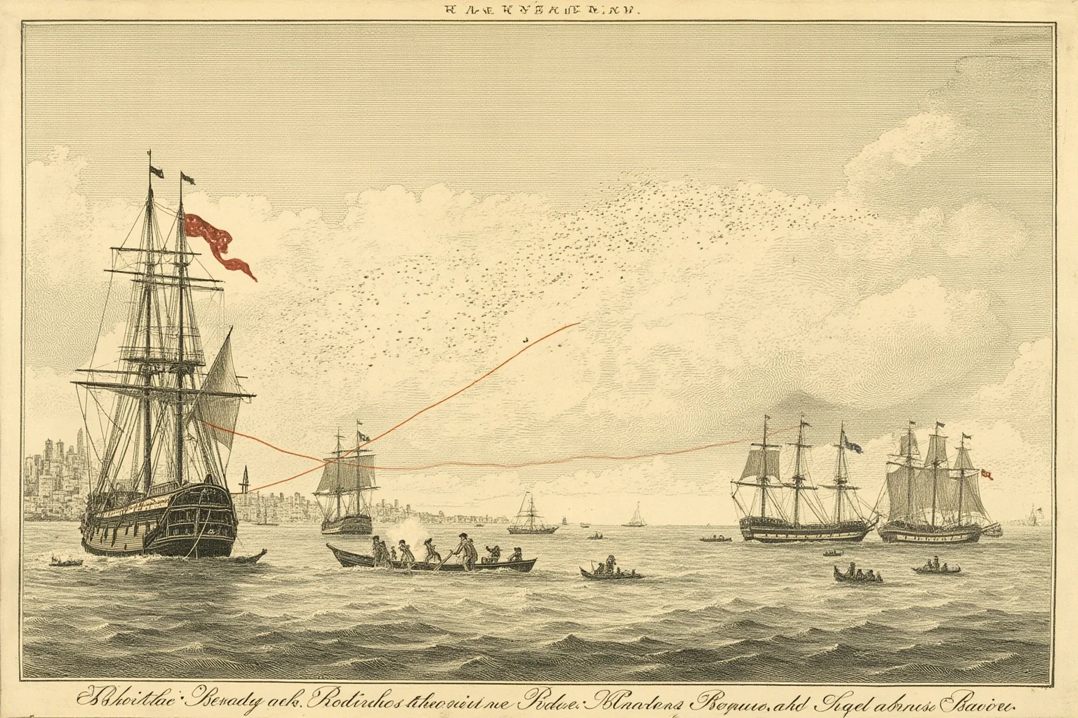 A historical document or engraving depicting the symbolic end of the Golden Age of Piracy, with naval ships patrolling Atlantic trade routes