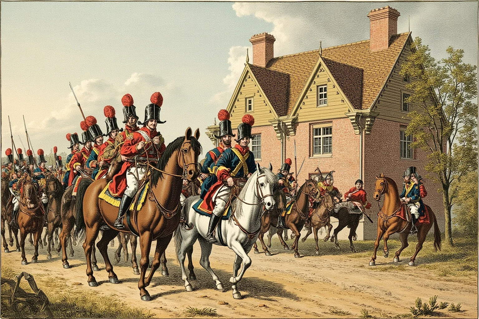 Famous Dragons Throughout History: Myths, Legends, and the Real Stories Behind Them 24 A historical illustration of 17th-century mounted dragoon soldiers entering a French village home