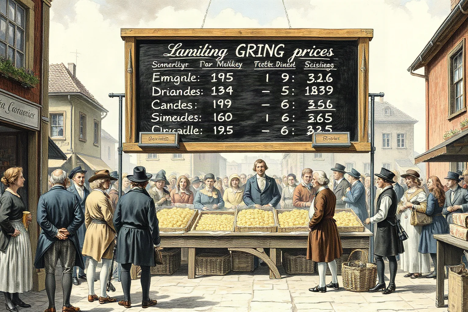 A historical illustration of a crowded outdoor market with a large chalkboard showing sharply rising grain prices, 1810s European setting