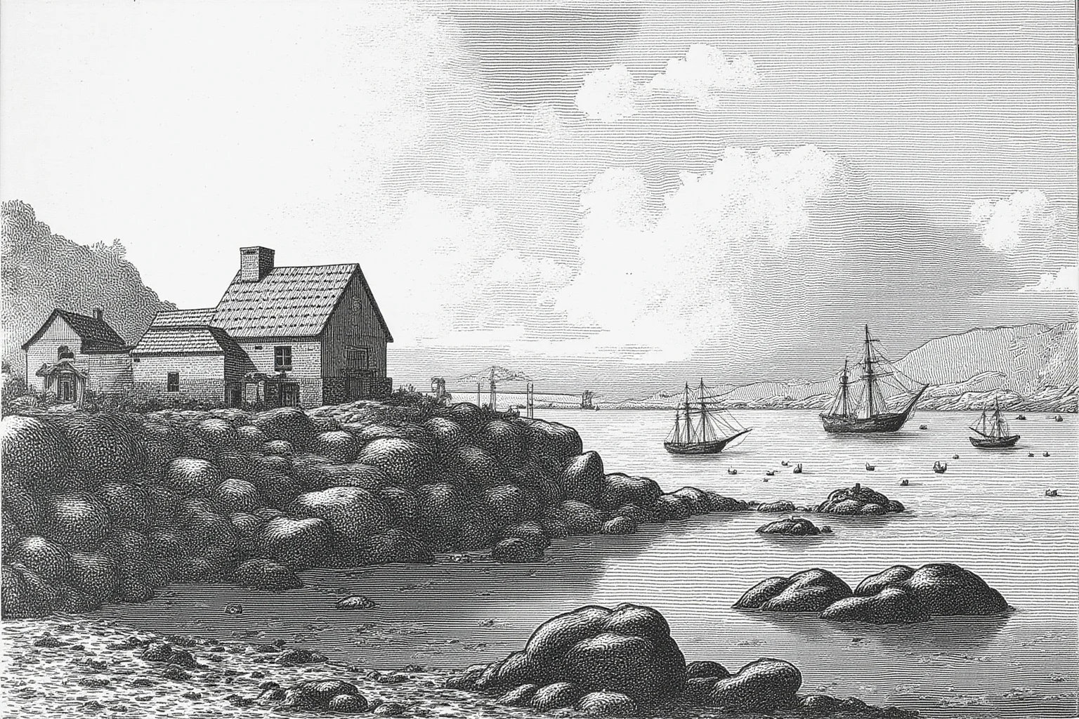 The Real Reason Russia Sold Alaska To The US 2 A historical illustration of a small Russian colonial fort and trading post on a rocky Alaskan coastline, with sailing ships in the harbor