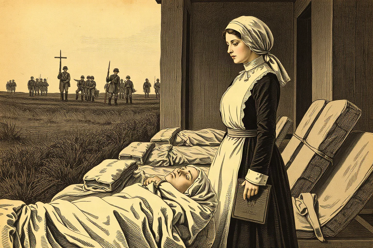 A historical illustration of a Victorian-era nurse in a long dress and cap, tending to wounded soldiers in a dim field hospital