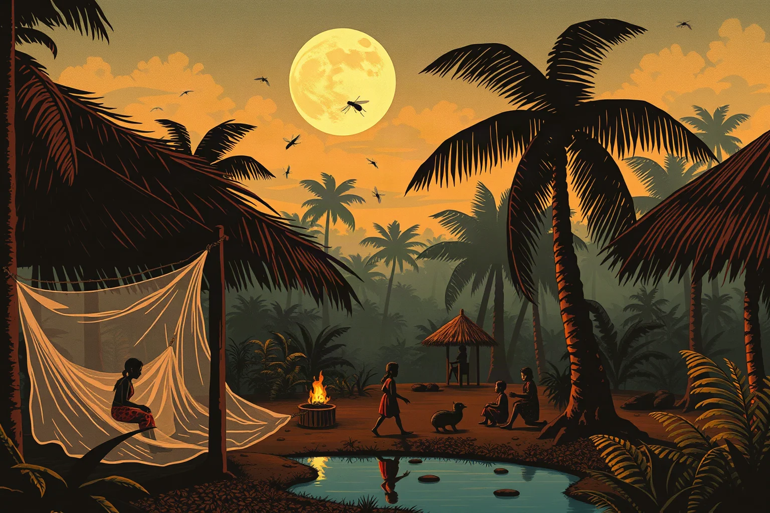 A historical illustration of mosquito nets and tropical village life representing malaria prevention efforts, warm earthy tones