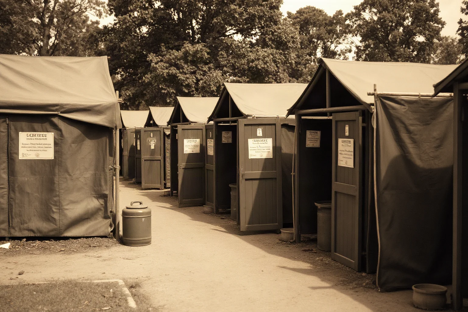 A historical military camp scene with makeshift sanitation evoking wartime dysentery outbreaks, desaturated tones