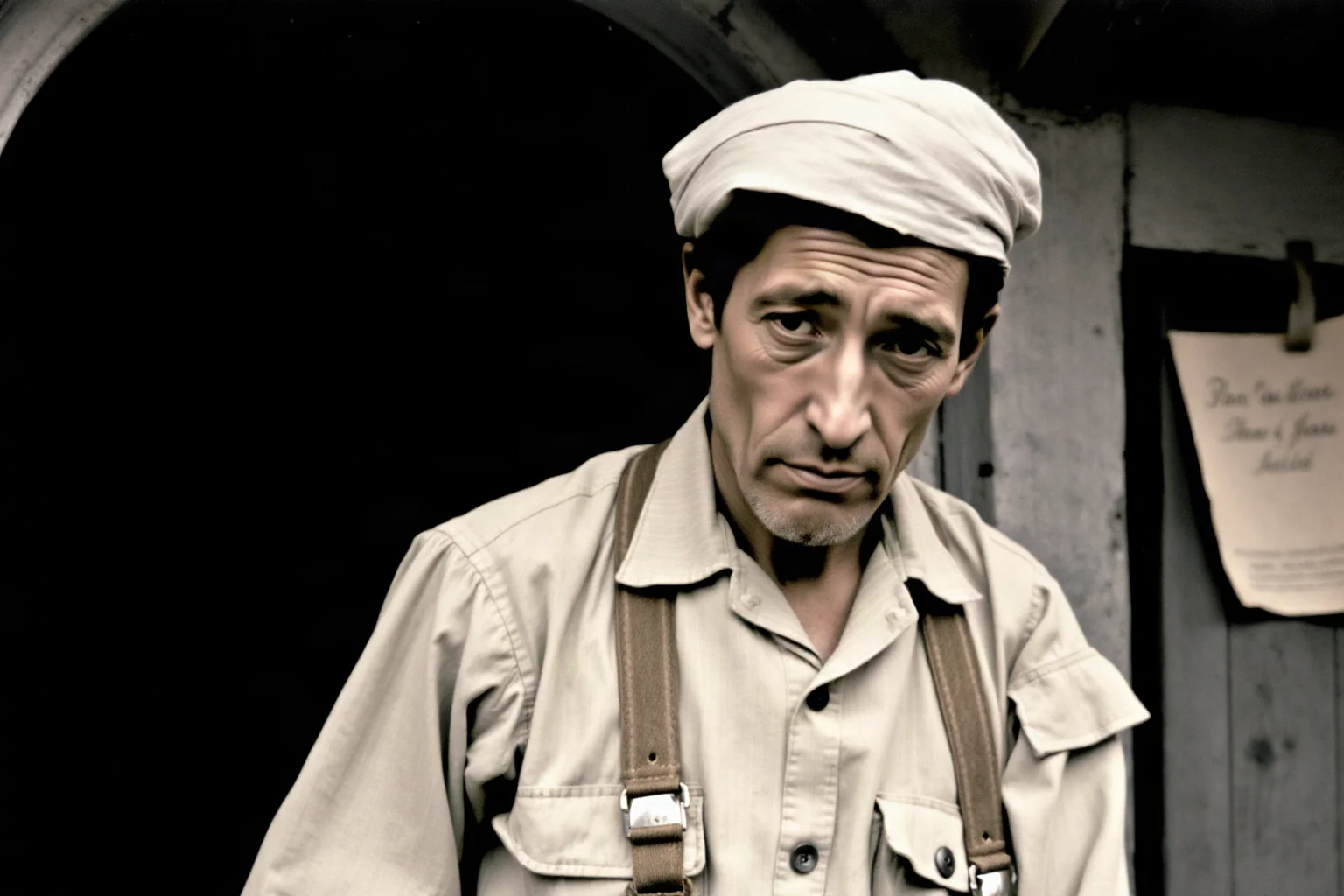 A historical scene of an Italian handyman or worker from early 1900s, in plain clothing, representing a theft in progress or person of modest means