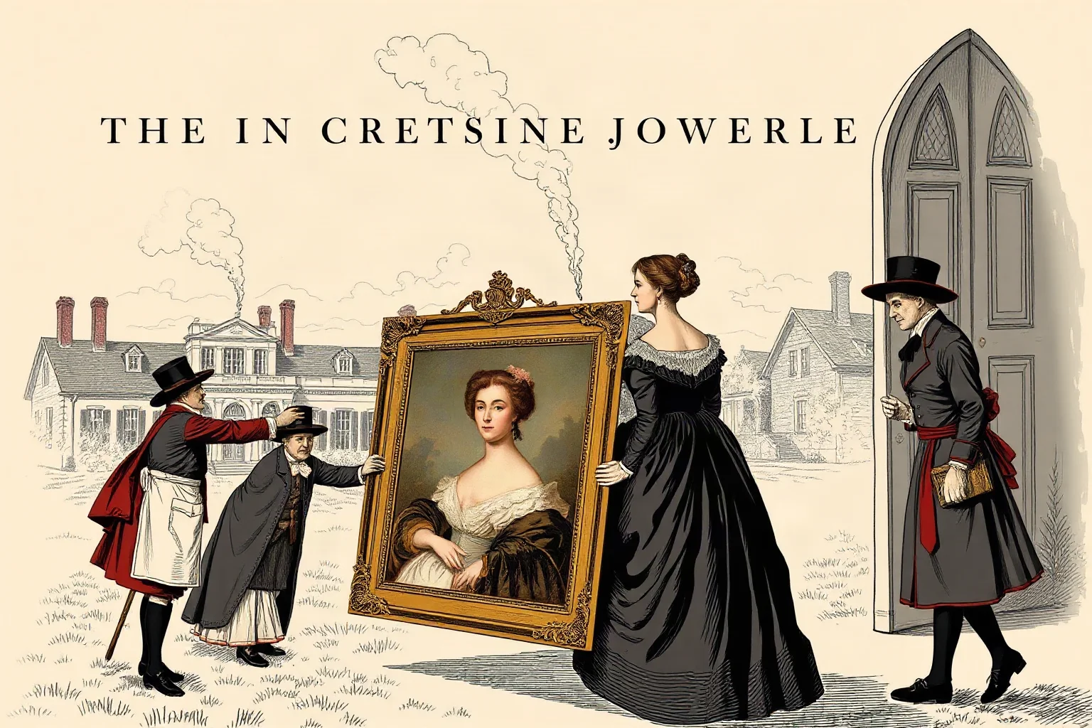 A historical-style illustration of a woman in early 19th century dress directing servants to carry a large framed portrait out of a grand house as smoke rises in the distance