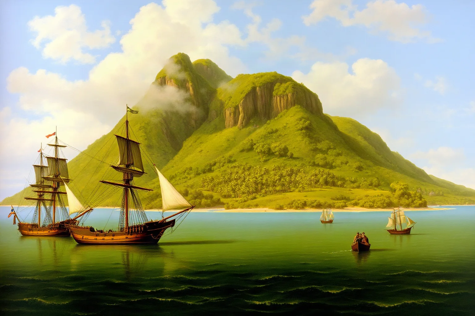 A historical-style painting of Dutch sailing ships anchored off the coast of a green, forested island, representing 17th-century Mauritius.