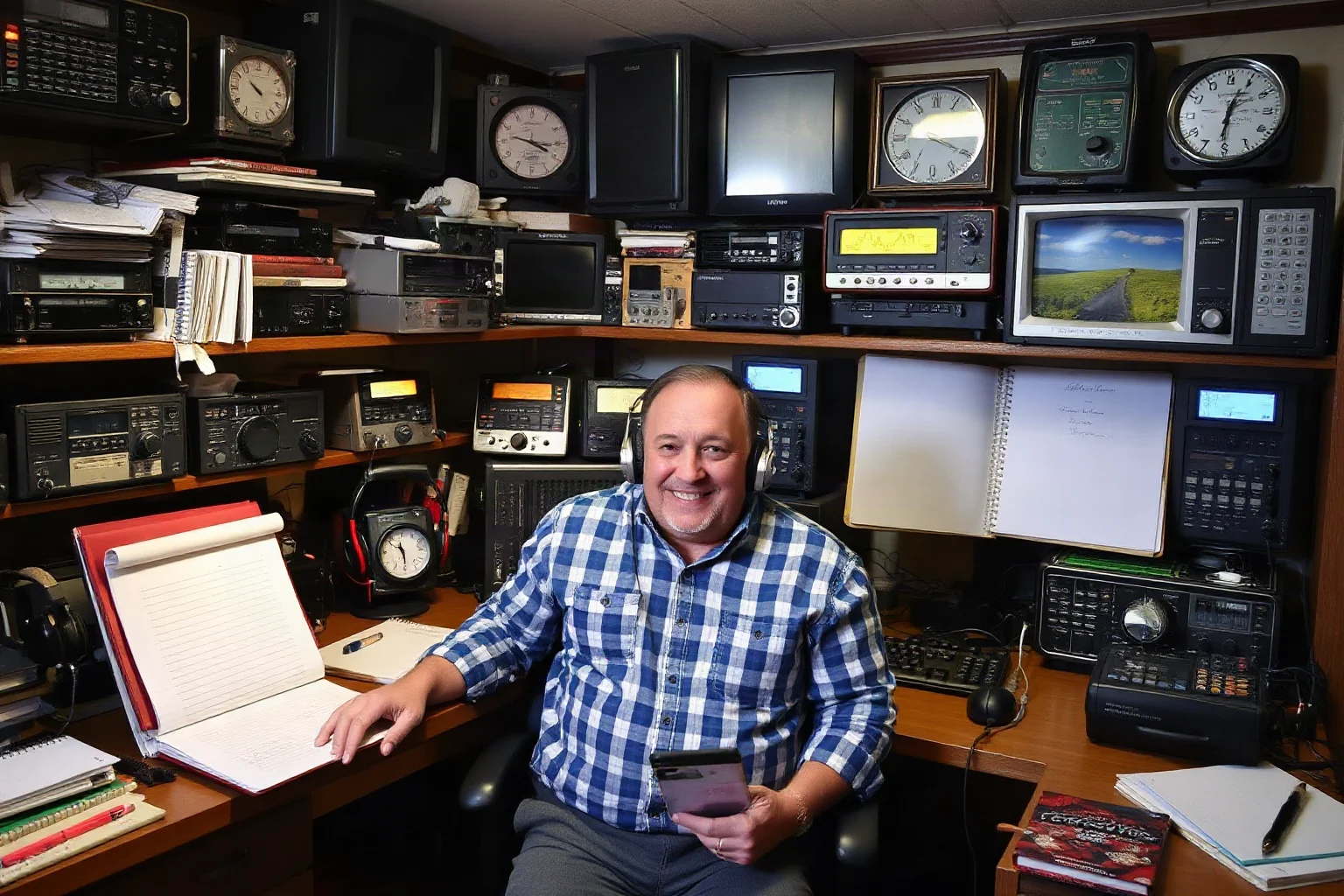 A hobbyist's home radio room filled with shortwave equipment, headphones, and notebooks
