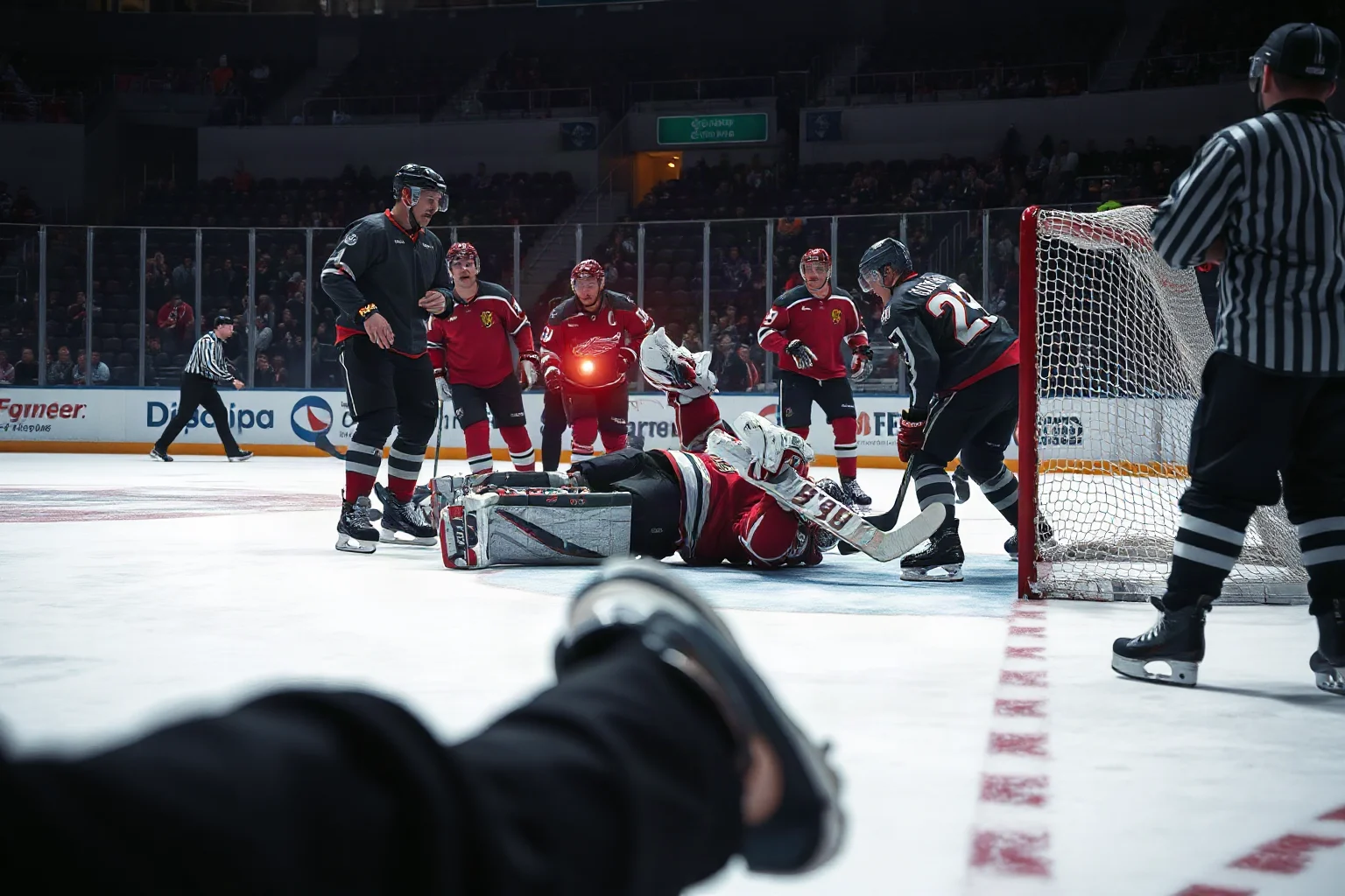 A hockey goalie sprawled in front of the net with teammates and medical staff rushing onto the ice, dramatic rink lighting