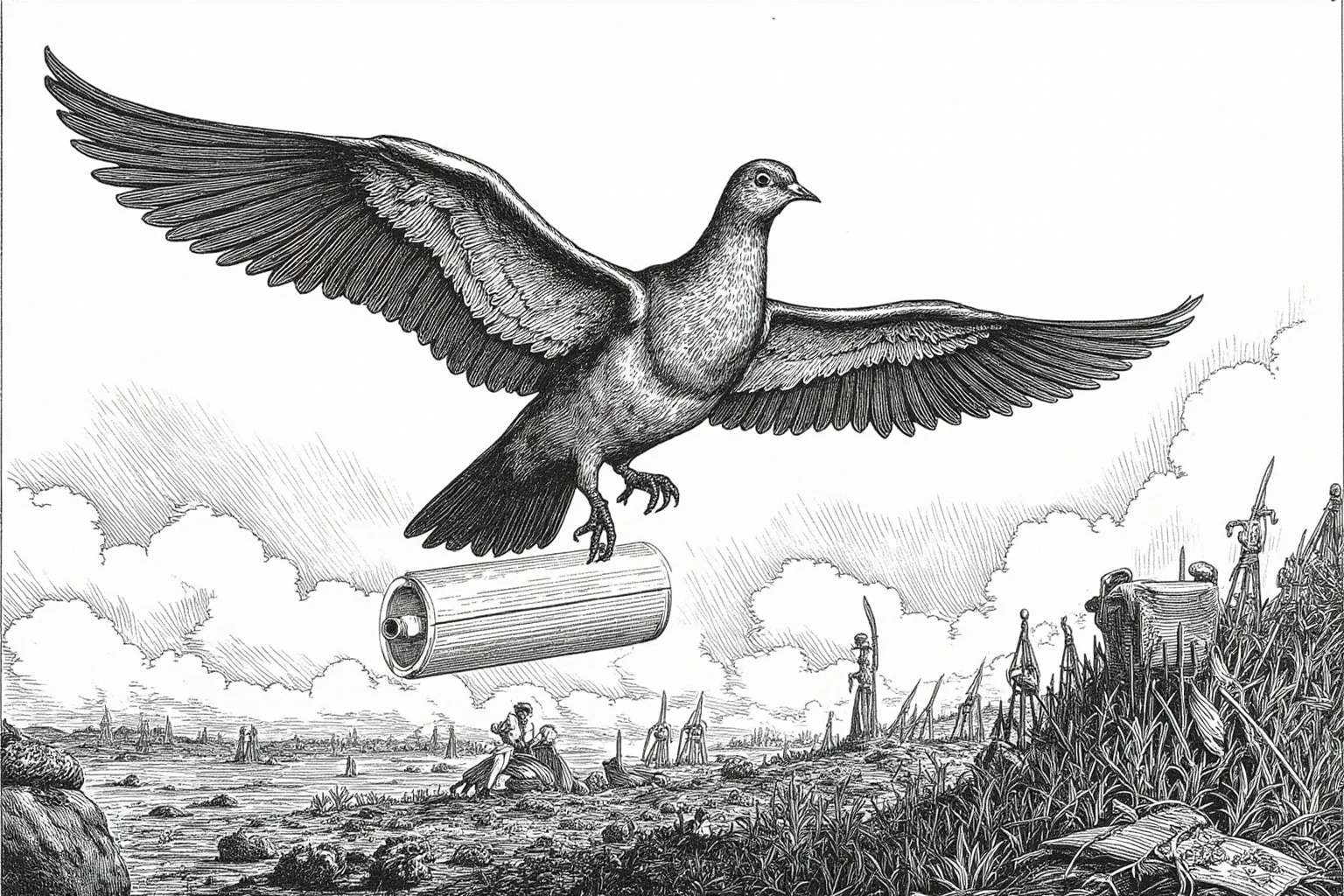 22 Animal Heroes Who Changed Human History 3 A homing pigeon with a small message capsule on its leg flying over a WWI battlefield landscape, illustrative style