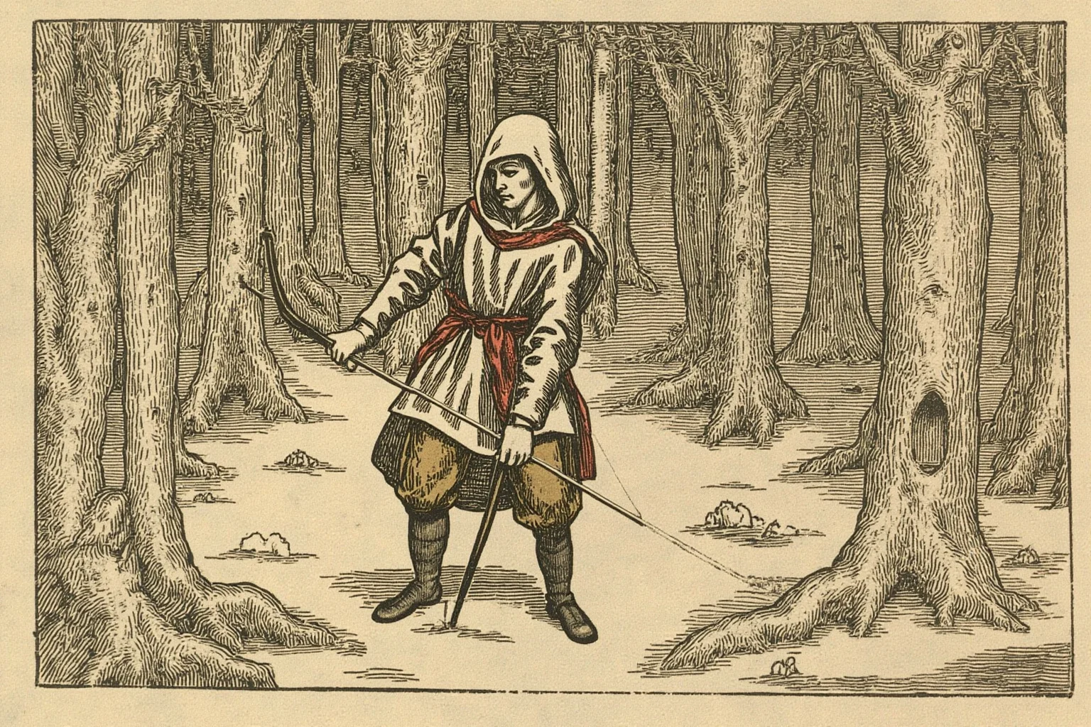 A hooded archer in Sherwood Forest woodland, medieval illustration style
