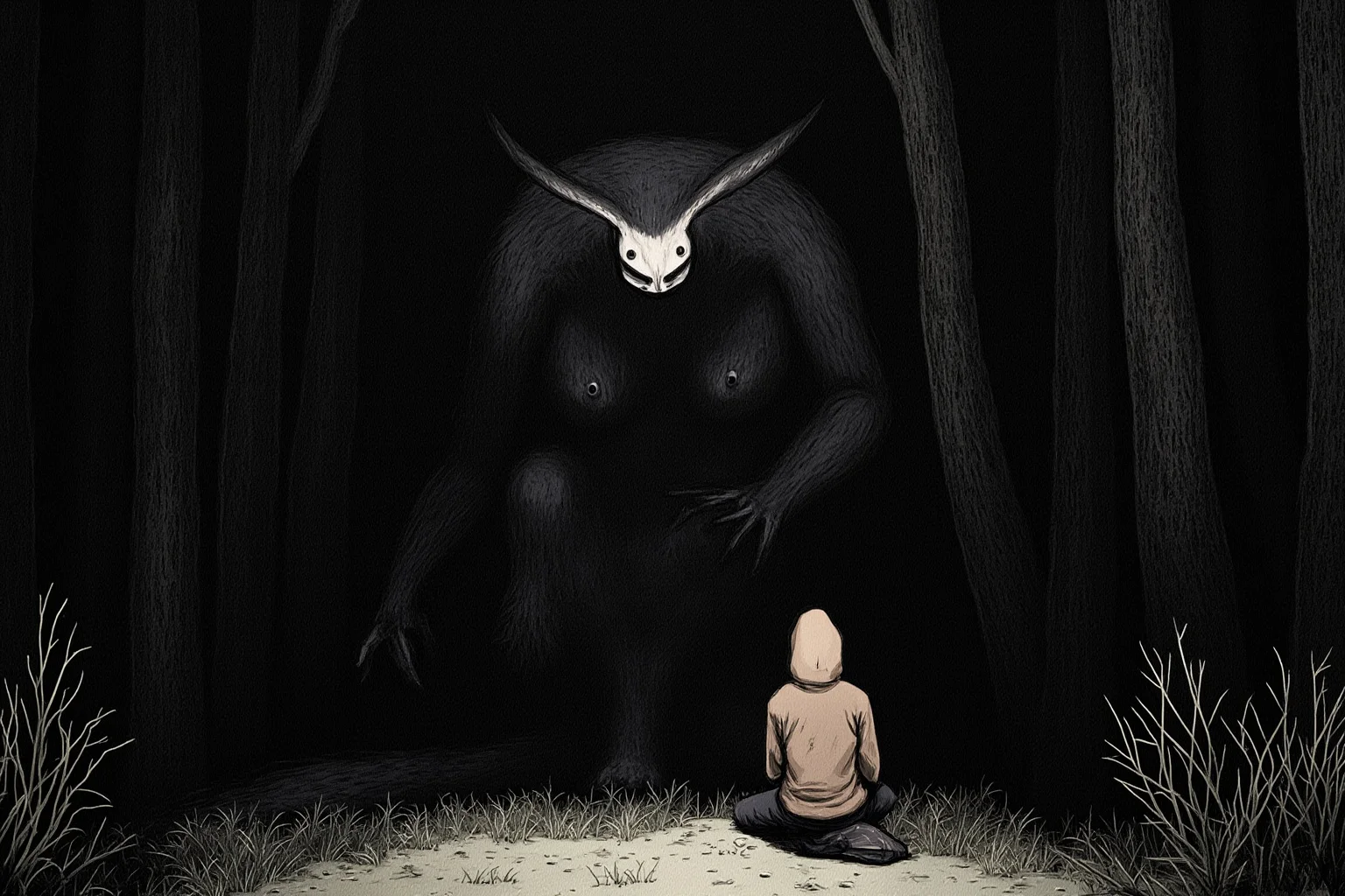 Familiars: The Long, Strange History of the Witch's Animal Companion 12 A hooded figure kneeling before a shadowy animal-shaped spirit in a dark forest clearing, folklore illustration