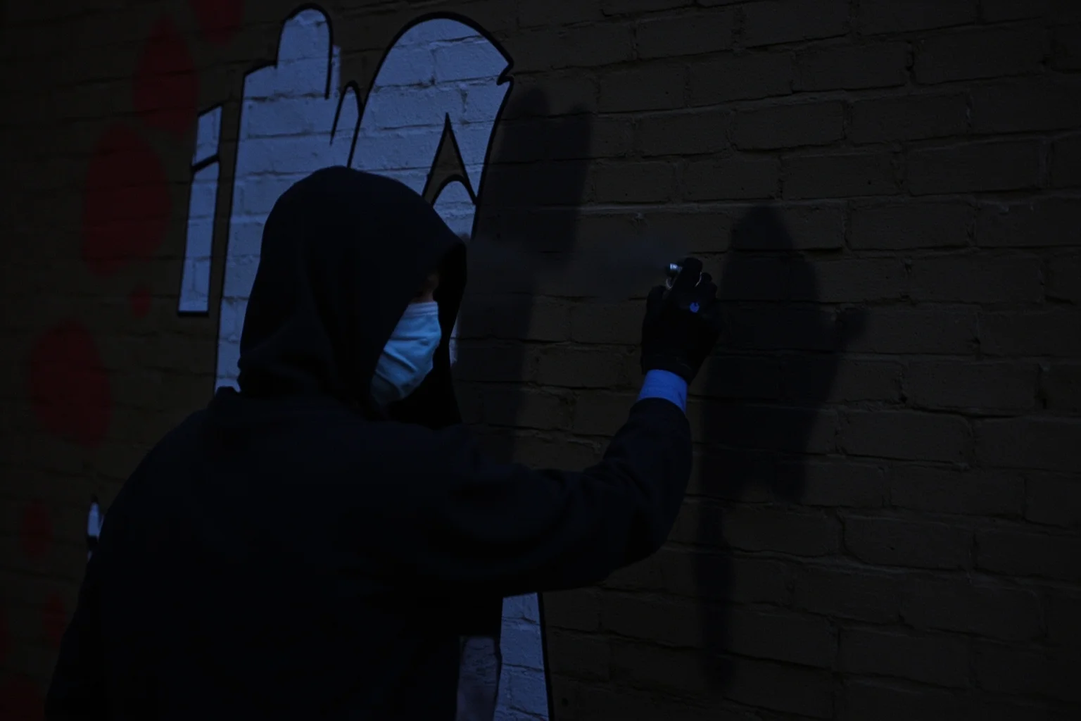 20 of the Most Mysterious People in History 14 A hooded street artist spraying an abstract mural on a brick wall at night, face fully obscured, stencil art style