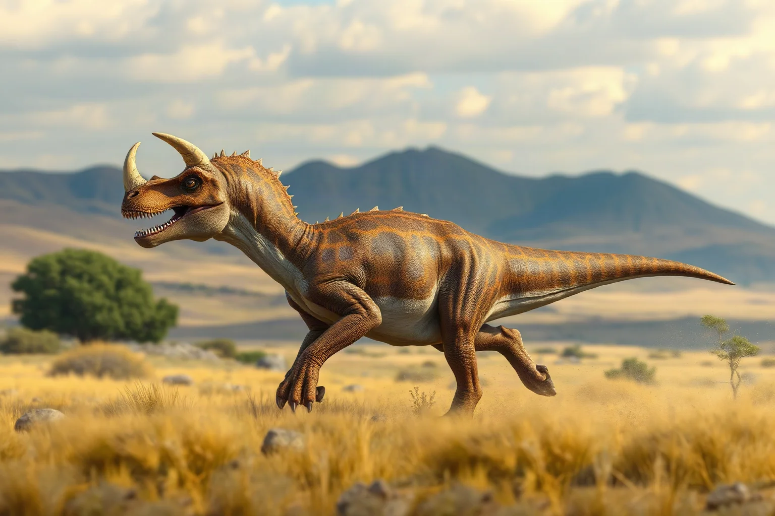 A horned Carnotaurus sprinting across an open Cretaceous plain in Argentina, realistic paleoart style