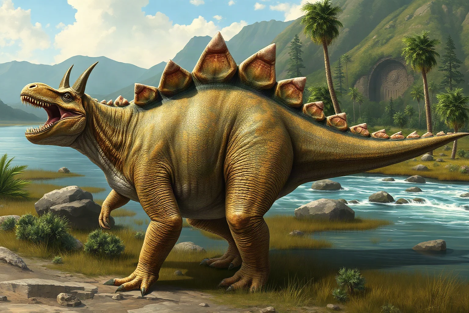 A horned Ceratosaurus with bony back ridges standing near a river in Late Jurassic terrain, realistic paleoart style