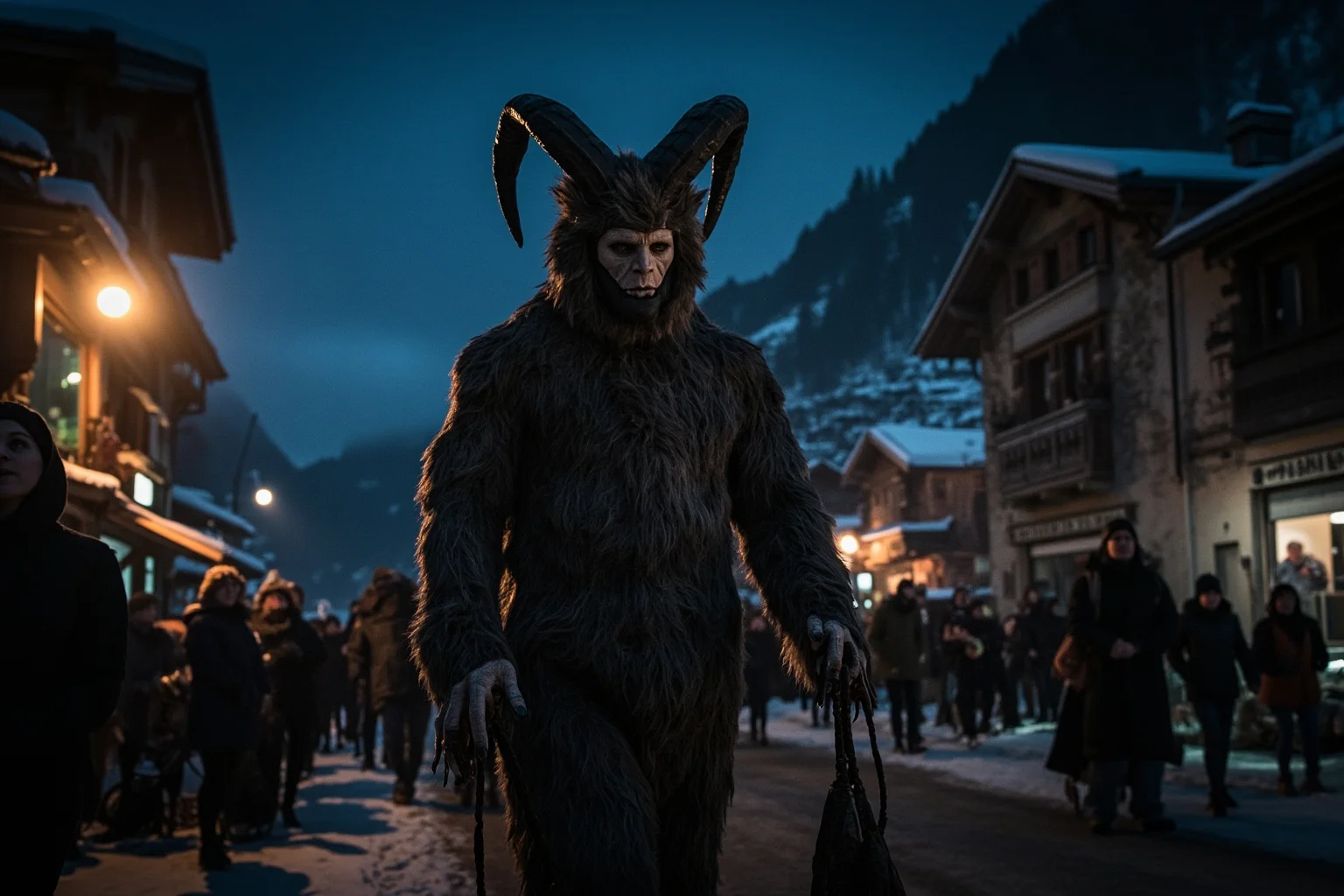 A horned, fur-covered folklore figure parading through a snowy Alpine town at night
