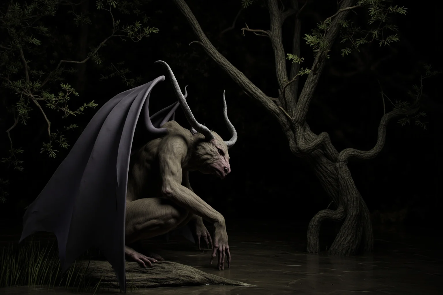 Famous Cryptids: 10 You Know and 16 Wild Ones You Probably Don't 7 A horned, hooved creature with bat-like wings crouched among twisted pine trees in a dark swamp