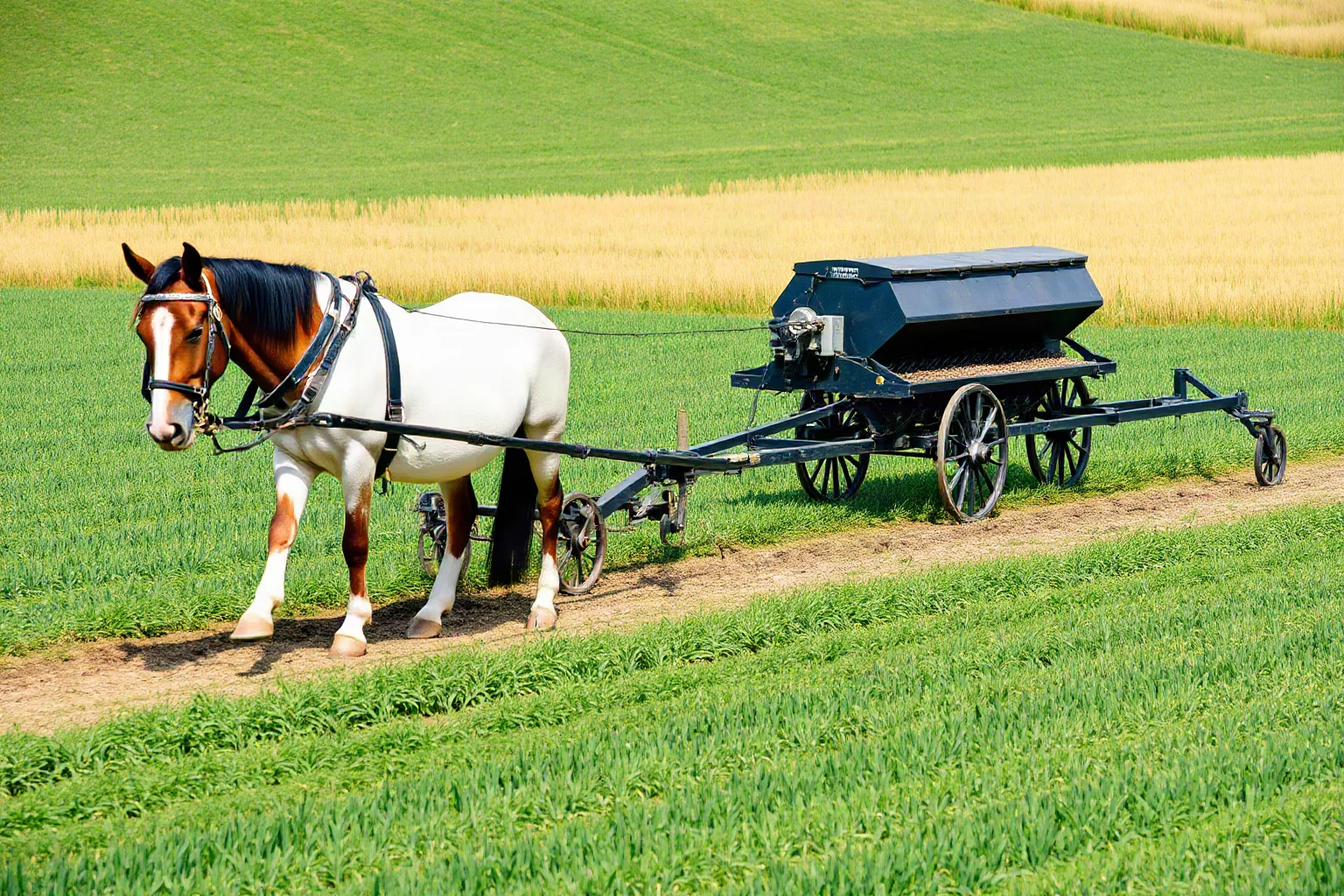 A horse-drawn plow next to a mechanical seed drill in a farm field, representing agricultural progress