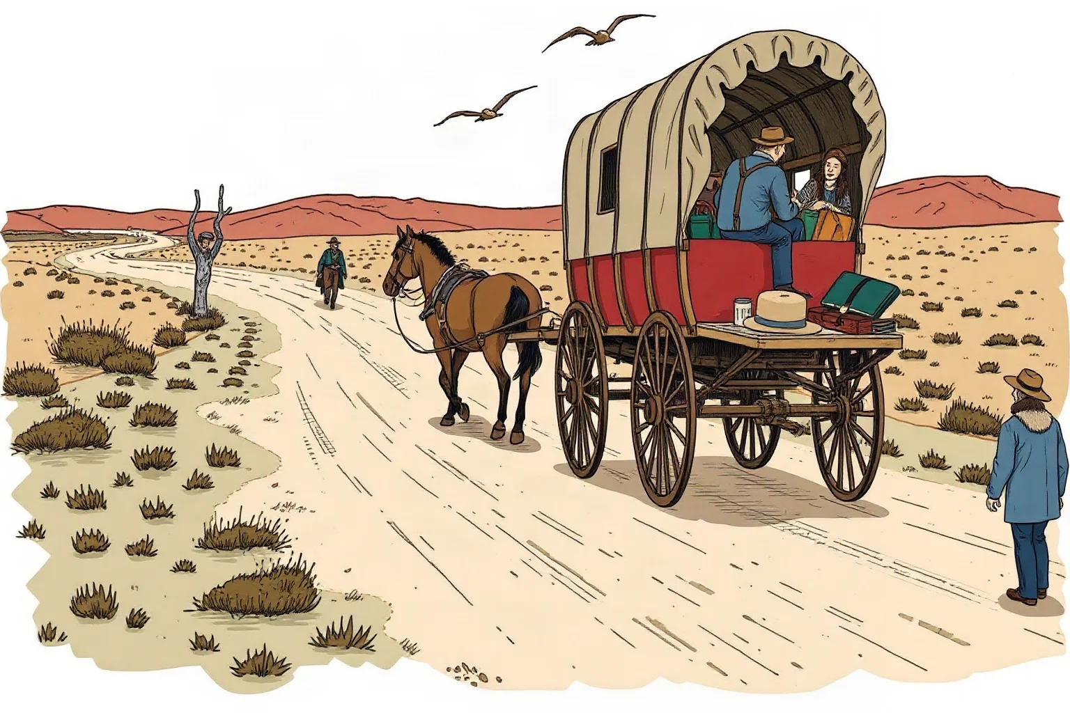 A horse-drawn wagon loaded with belongings heading west along a dirt road, pioneer family migration scene, historical illustration