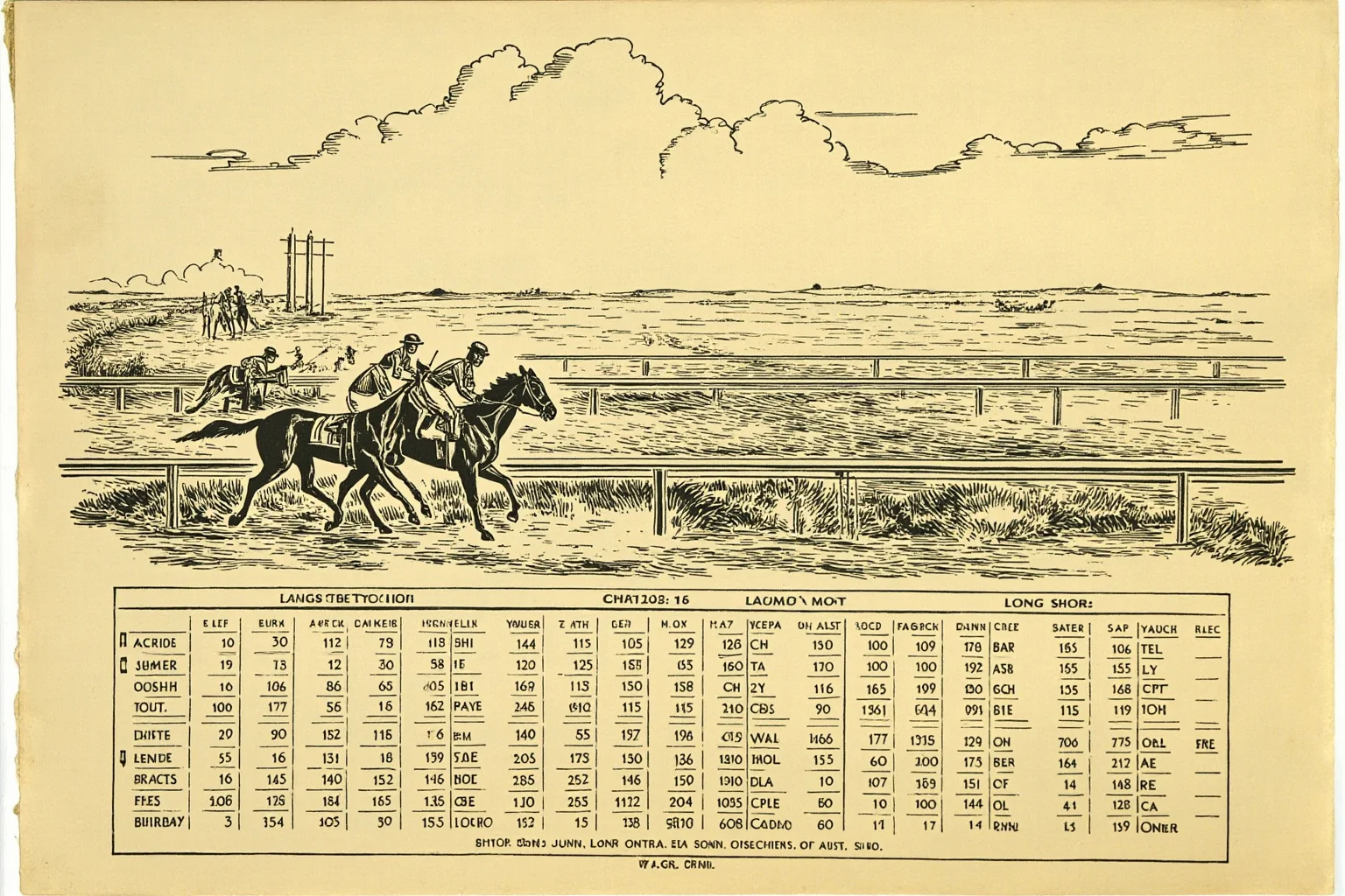 A horse racing track with betting odds board showing long shot odds, vintage illustration style