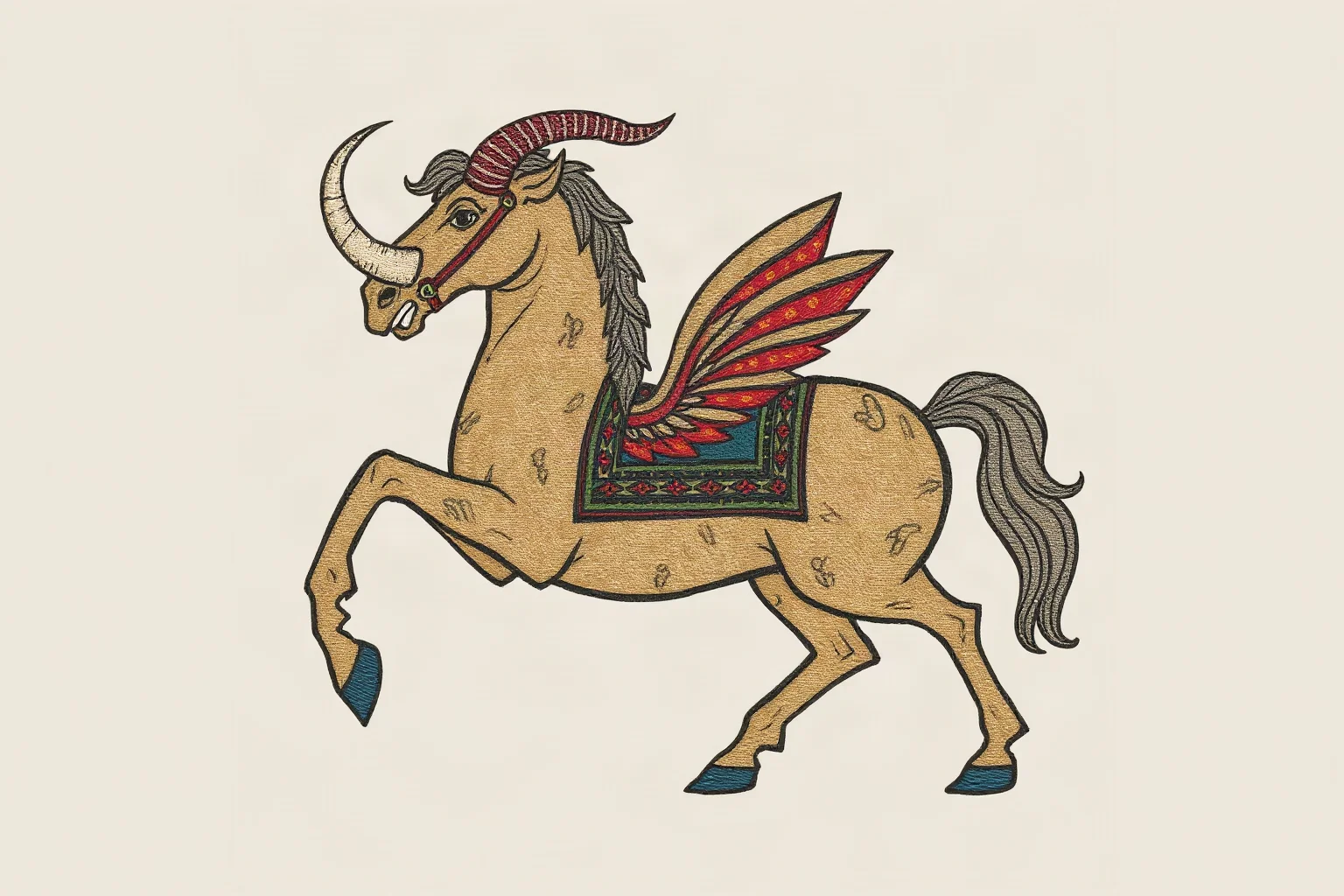 A horse-sized heraldic beast with swiveling horns and tusks, depicted in medieval tapestry style
