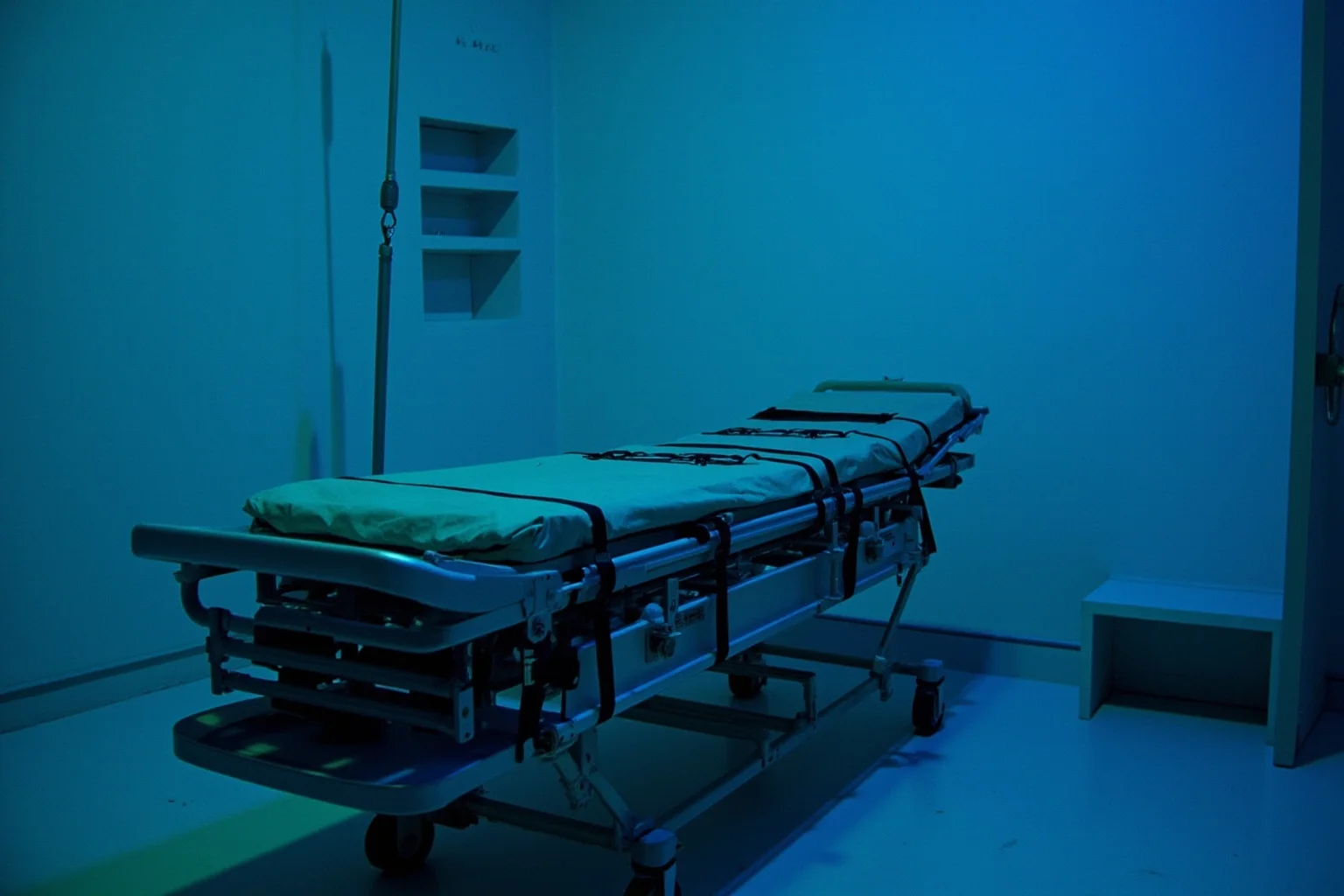 25 Disturbing Last Words By Notorious Criminals 16 A hospital-style gurney with restraint straps in a sterile 1980s execution room, cold blue lighting
