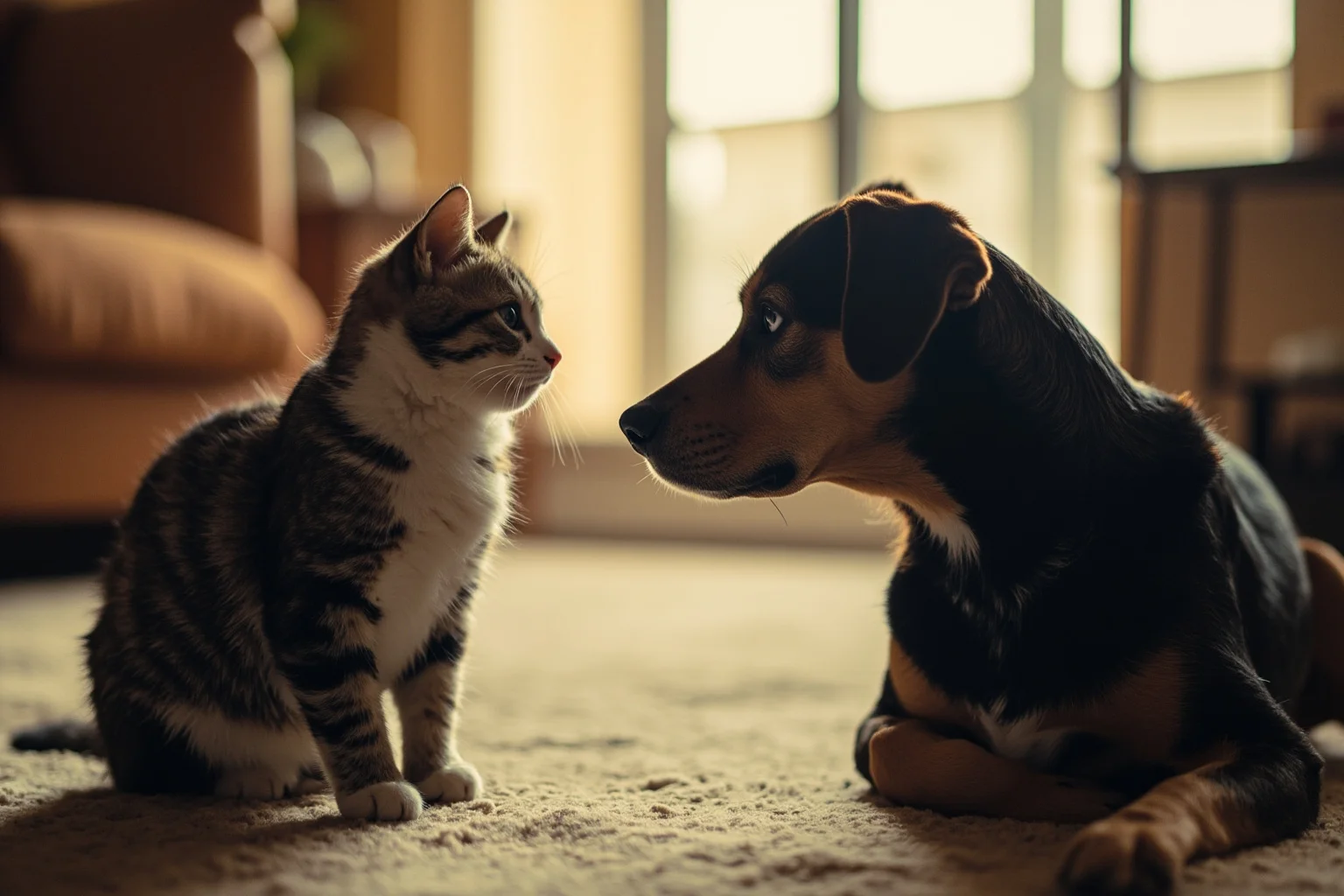 26 of History's Most Famous Rivalries 27 A house cat and a dog sitting on opposite ends of a living room eyeing each other warily