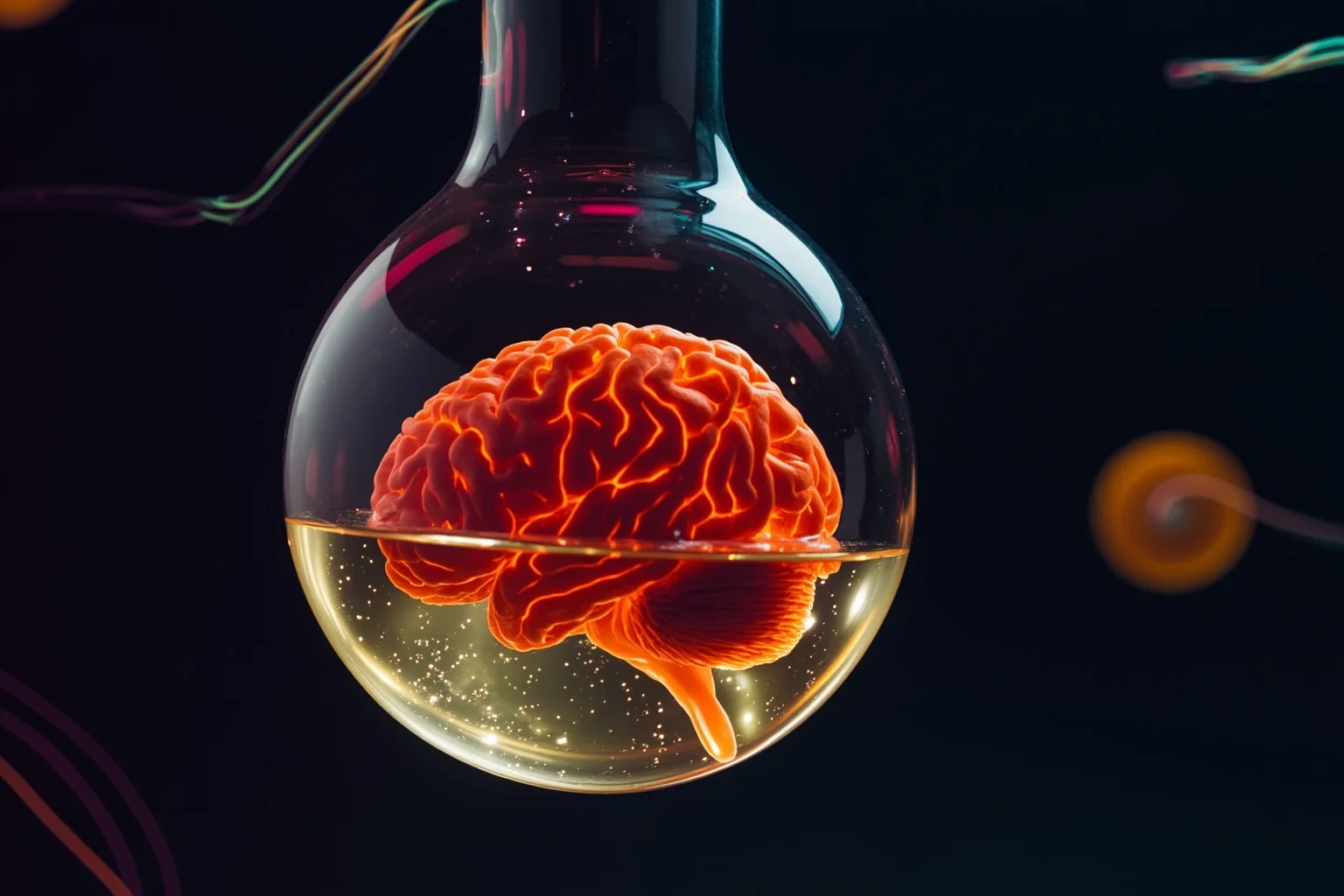 A human brain suspended in a glass vat filled with glowing fluid, connected to abstract wires