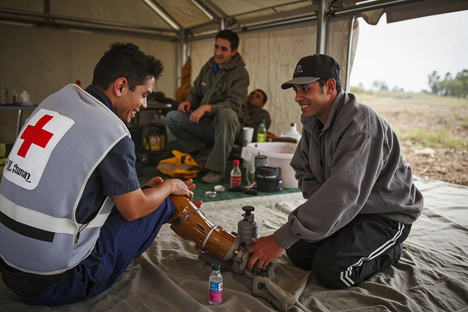 A humanitarian worker in a Red Cross vest kneeling beside an amputee survivor in a field clinic tent
