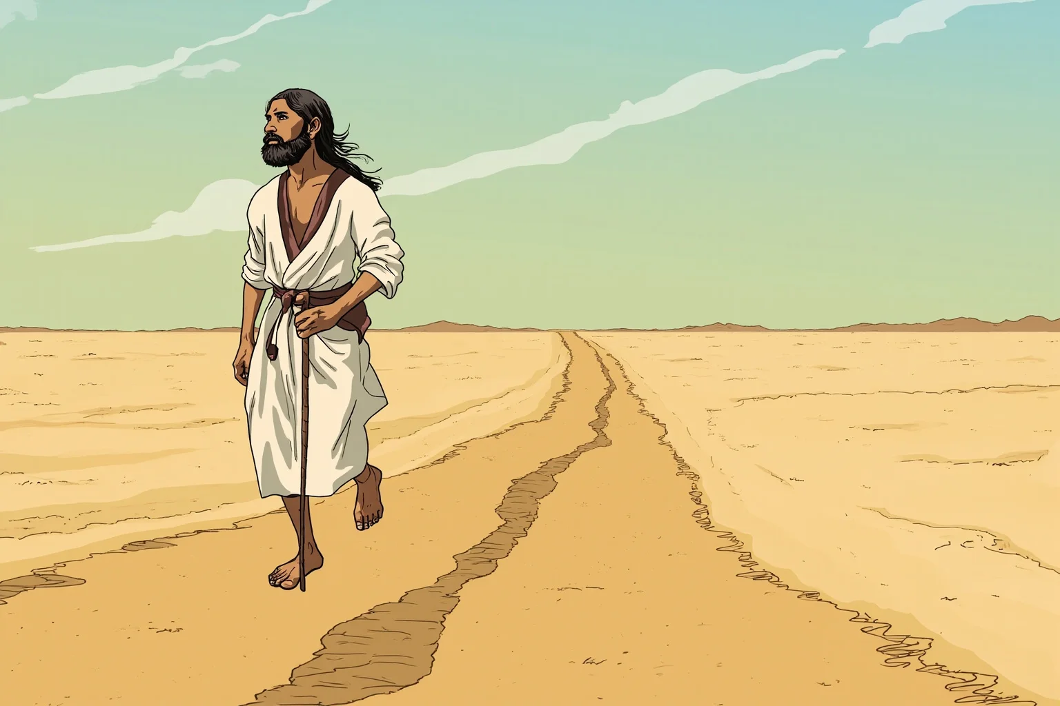 A humble figure in simple homespun robes walking barefoot along a dusty Indian road with a walking stick, illustration style