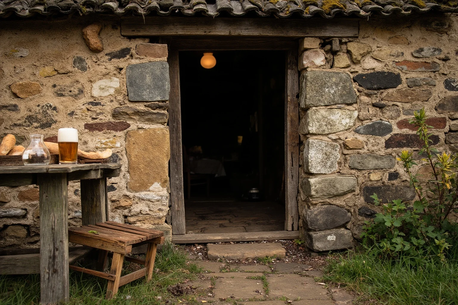 A humble stone cottage doorway in the English countryside with bread and ale set on a wooden table, folk custom scene