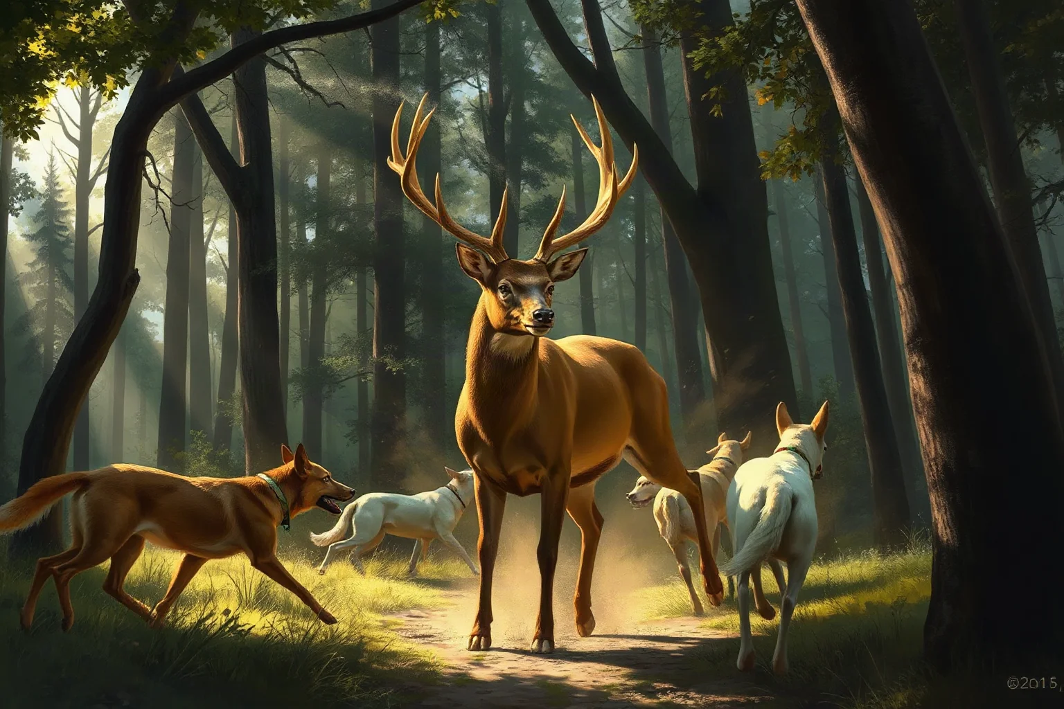 A hunter transforming into a stag in a forest clearing as hunting dogs approach, dramatic mythological illustration